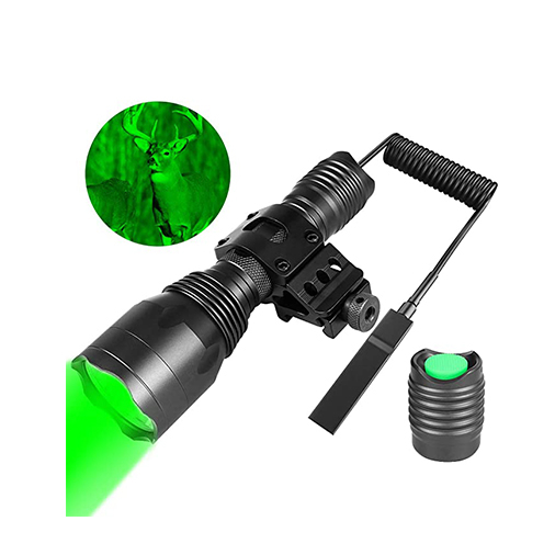 Rechargeable Tactical Flashlight 350 Yards Green Hunting Flashlight with Universal Picatinny Rail Mount Remote Pressure Switch for Long Distance Night Hunting