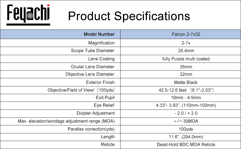Feyachi Falcon 2-7x32mm Long Eye Relief Rifle Scope
